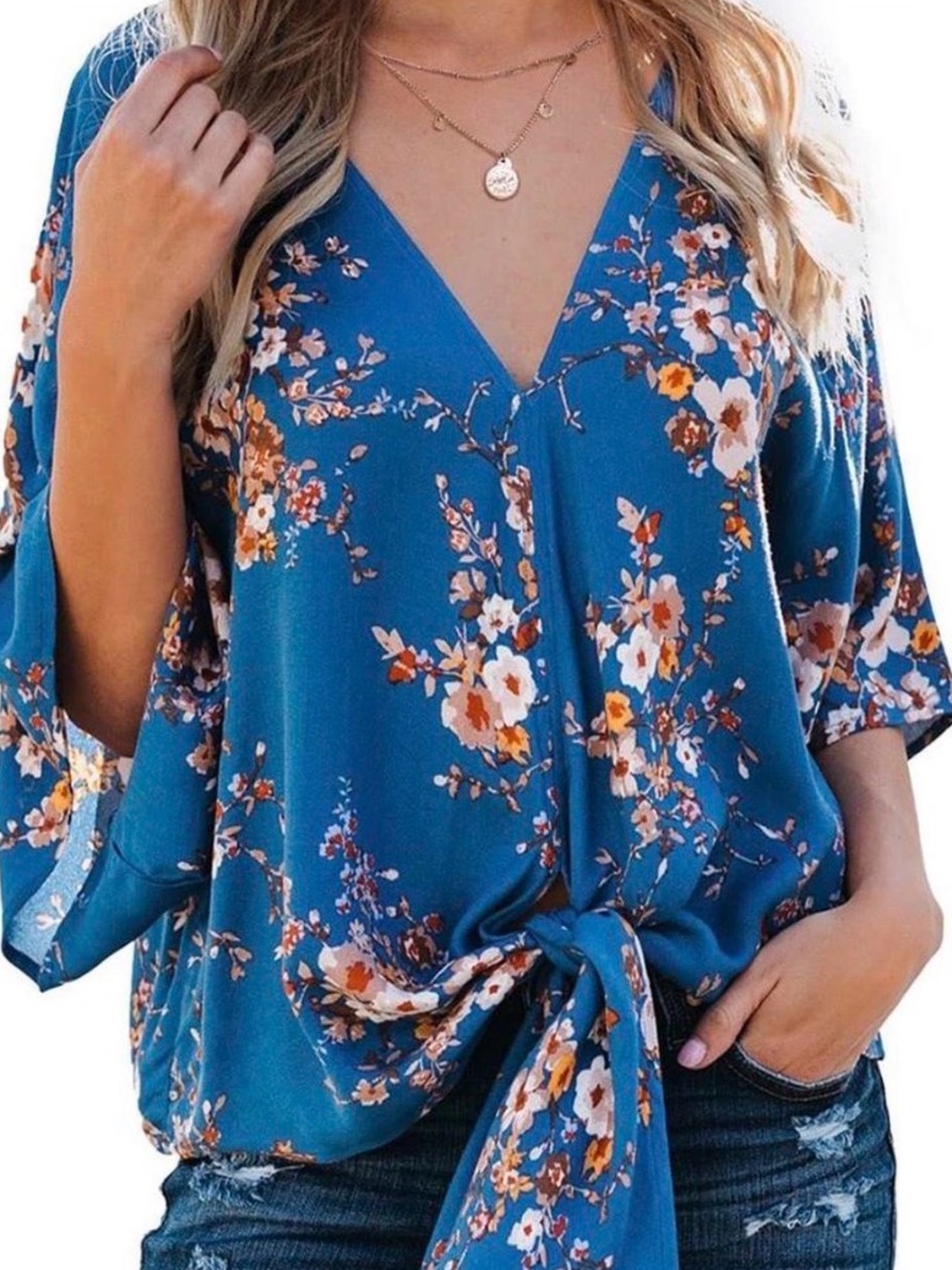 Blue Floral Tie-Front V-Neck Blouse size XL